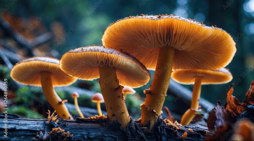 Poster Vibrant mushrooms with orange caps and yellow stems growing in a forest setting on a fallen log with blurred background and natural lighting Copy Space