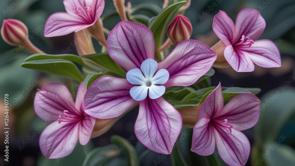 Poster close-up of beautiful pink and white flowers with green leaves in a garden setting suitable for vari