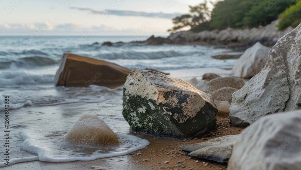 Poster rock formations on a sandy beach with gentle waves and lush greenery in the background during sunset