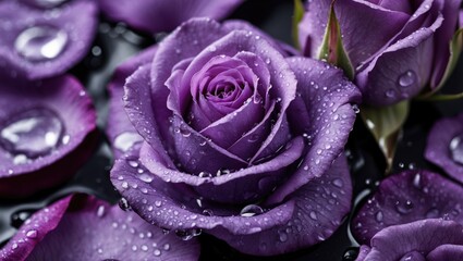 Purple rose with water droplets surrounded by purple rose petals on a dark background showcasing natural beauty and freshness Copy Space