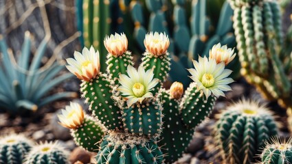 Blooming cactus flowers in desert garden with various types of cacti in background showcasing natural colors and textures Copy Space