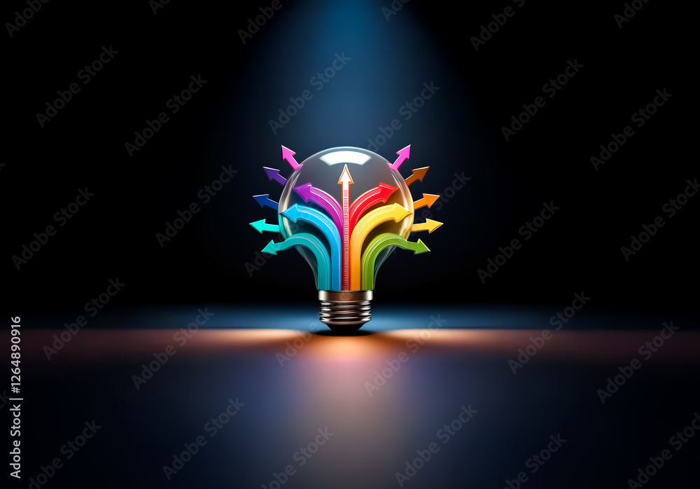 Aufkleber a radiant lightbulb in a dark space is illuminated by a spotlight. colorful arrows are pointing towa