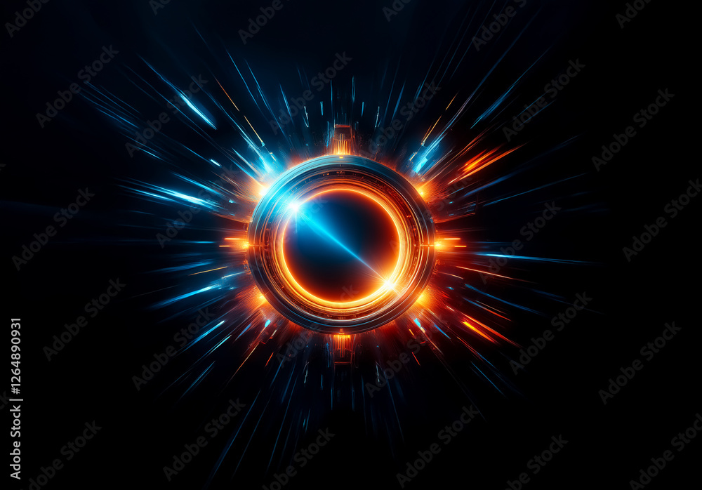 Poster abstract digital art featuring a central glowing orb emitting radiant blue and orange light bursts a