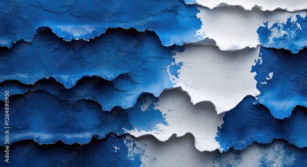 Poster abstract texture of layered blue and white paint on a wall showing worn and chipped surface with dee