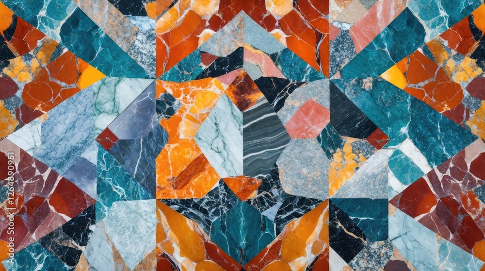 Poster Multicolor Marble Mosaic Pattern Decorative Background with Geometric Shapes and Textured Surfaces Copy Space