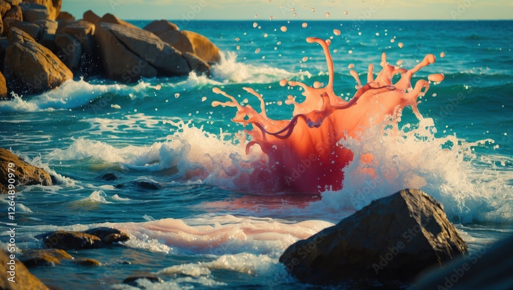Poster splashing pink liquid in ocean waves with rocks in foreground during sunset copy space