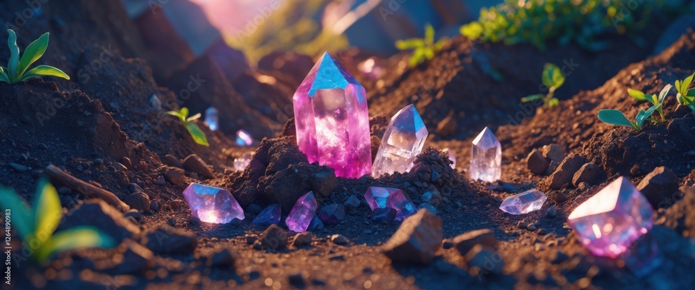 Poster colorful quartz crystals emerging from rich soil in natural setting with surrounding small plants an