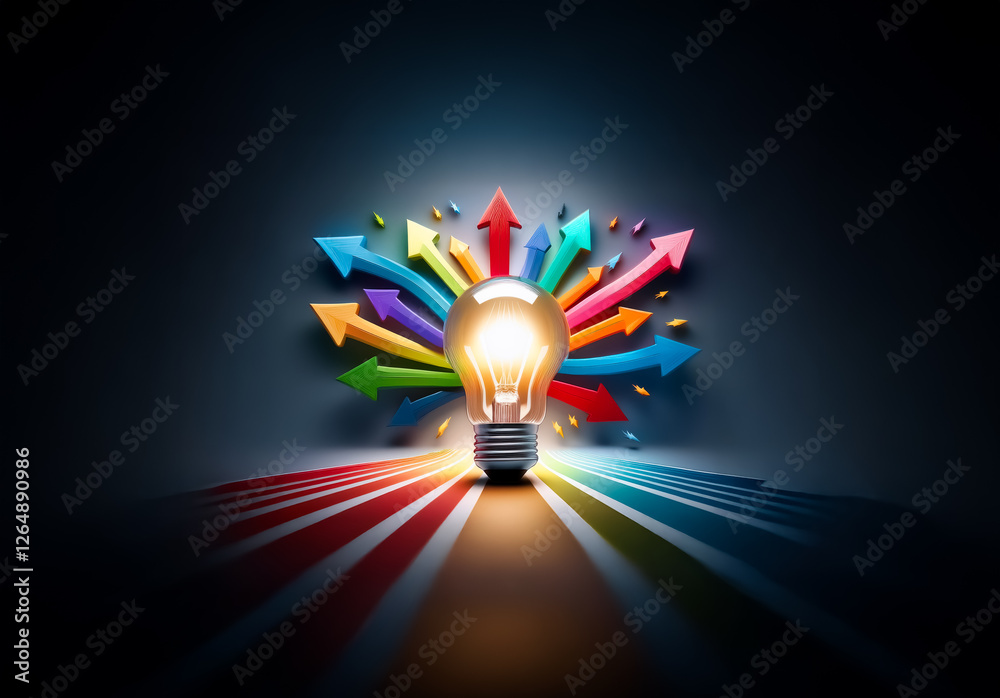 Aufkleber illuminated lightbulb radiates vibrant arrows, symbolizing ideas and directions. colorful paths eman