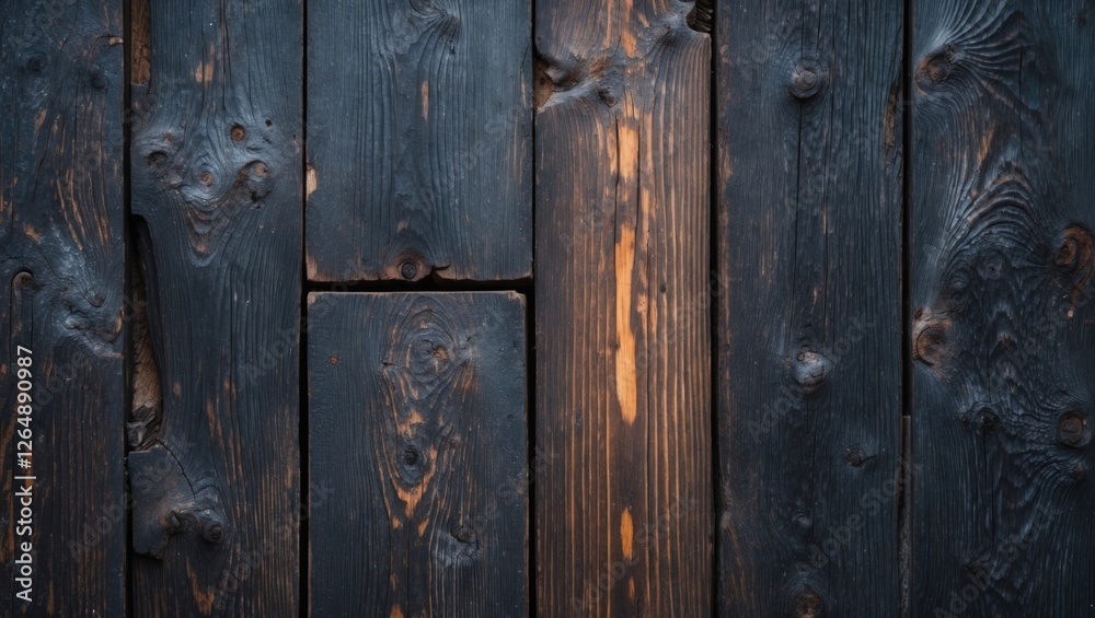 Poster Dark stained wooden planks background with texture and grain details ideal for design use Copy Space