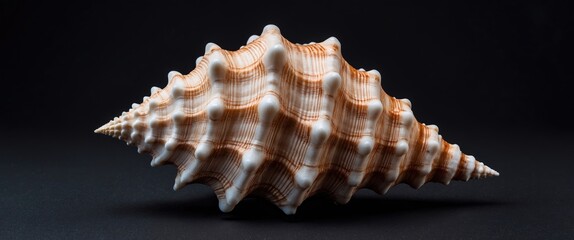 Obraz premium Brown and white spiral seashell on dark background with textured surface and natural patterns Copy Space