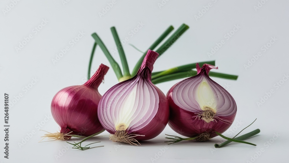 Aufkleber fresh red onions with green tops arranged on a white background with copy space for text placement