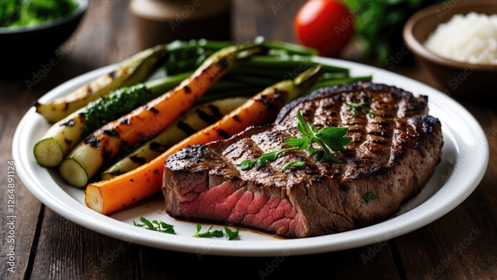 Poster grilled steak with colorful roasted vegetables on a white plate with fresh herbs on a wooden table c