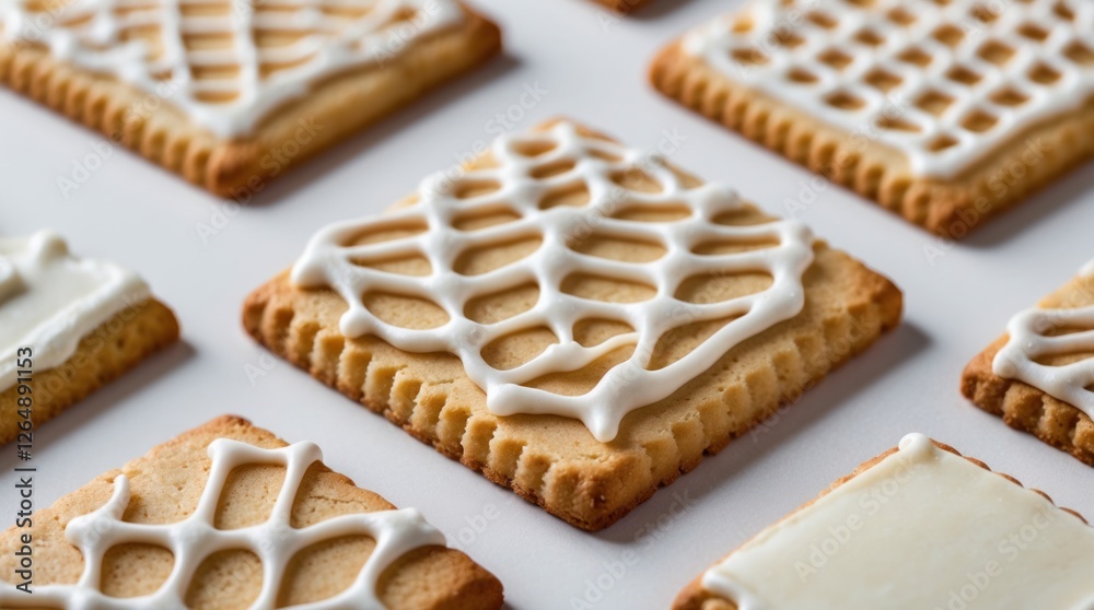 Aufkleber Decorative iced cookies arranged on a white surface with various patterns and textures showcasing baking creativity and design Copy Space