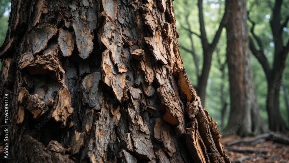 Poster Detailed close-up of textured tree bark in a forest setting with blurred trees in the background and natural greenery providing Copy Space.