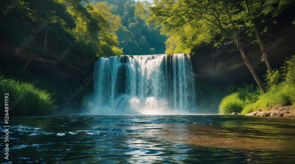 Poster Waterfall cascading into a serene pool surrounded by lush greenery and rocky cliffs with reflection on the water surface. Copy Space