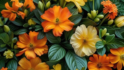 Vibrant arrangement of orange and yellow flowers with lush green leaves suitable for backgrounds and floral designs Copy Space