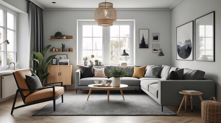 Fototapeta premium Minimalist Scandinavian living room with neutral gray couch and sleek lines for a modern timeless interior design Modern Interior Design Inspiration