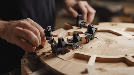 Close-up of a carpenter's hands carefully assembling a wood joint with precision clamps.