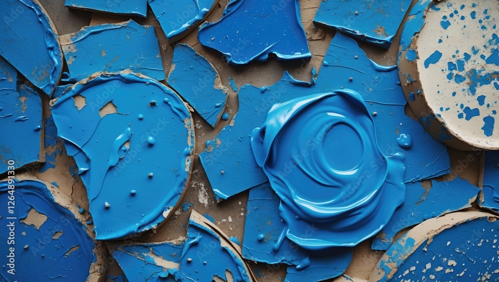 Poster close-up view of blue paint splatters and chips on a textured surface with circular shapes and varyi