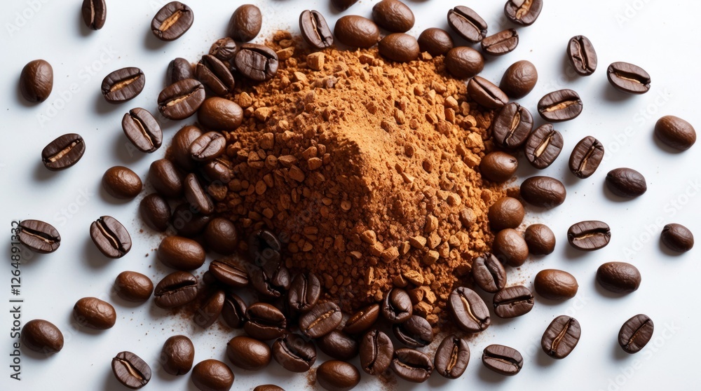 Poster ground coffee powder surrounded by whole coffee beans on a white surface with ample copy space for t