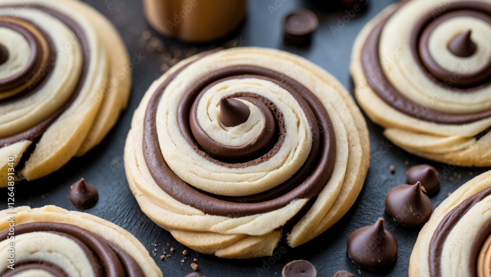 Aufkleber chocolate swirl cookies with cream and chocolate frosting arranged on a dark background with chocola