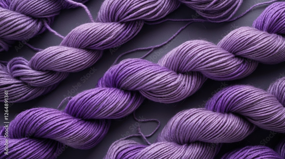 Poster purple gradient yarn skeins arranged neatly with soft texture and even twist, suitable for knitting 