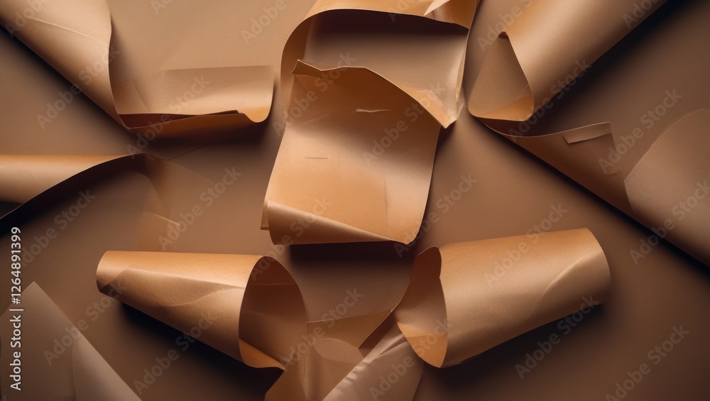 Poster Crumpled brown kraft paper sheets on a flat surface with texture and shadows Copy Space