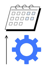 Calendar with dates circular gear in blue vertical arrow suggesting progress. Ideal for productivity, organization, time management, efficiency, planning, improvement, development. Line metaphor
