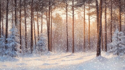 Idyllic winter forest, snow-encrusted pine trees, pure white snowfield, delicate falling snowflakes, misty blue winter atmosphere, warm sunset glow, dramatic winter landscape, panoramic snow