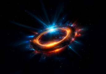 Fototapeta premium Glowing ring of cosmic energy with radiant blue and orange light bursts against a dark backdrop. Abstract, vibrant and visually striking.