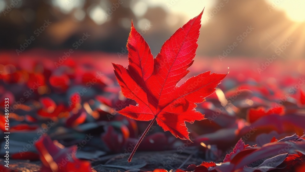 Poster bright red maple leaf on the ground surrounded by fallen leaves at sunset with soft light and blurre