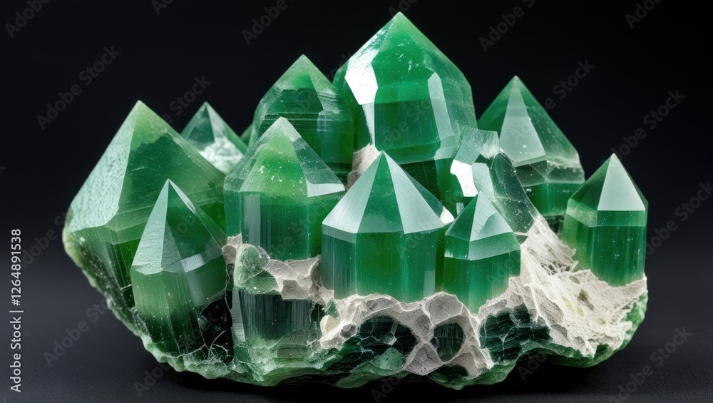 Poster Green crystal cluster with pointed formations displaying natural geological features on a dark background, ideal for scientific or decorative use. Copy Space