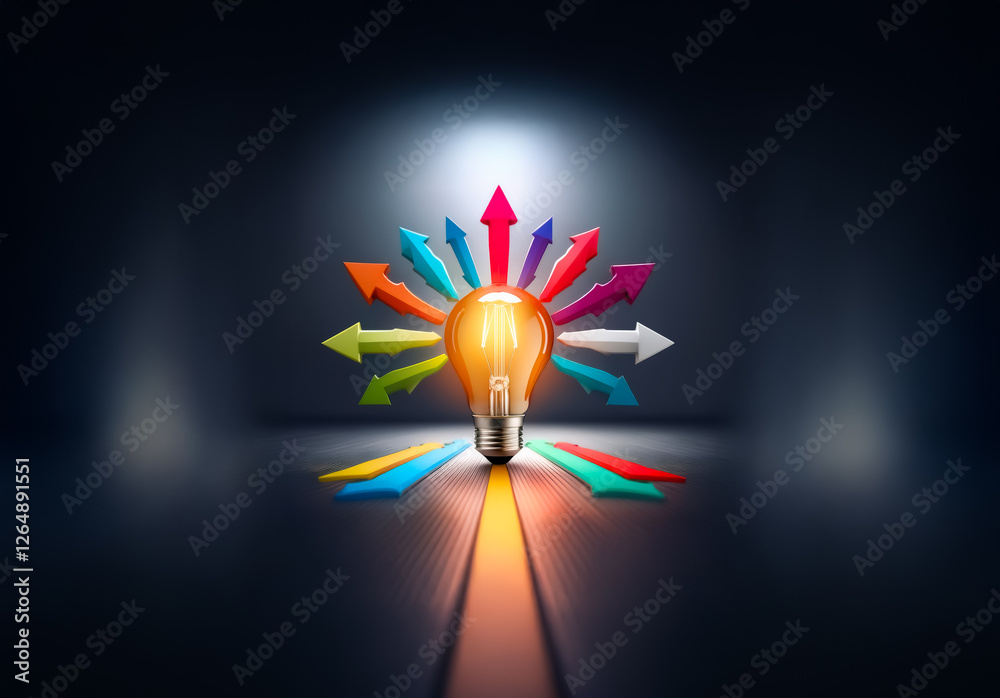 Poster illuminated light bulb at the center radiates colorful arrows, pointing in diverse directions, symbo