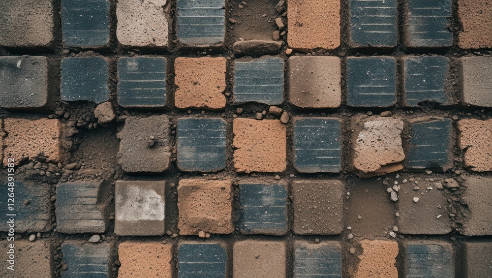 Poster Textured close-up of weathered paving stones in a pattern with dirt and debris between them ideal for backgrounds and surfaces with Copy Space