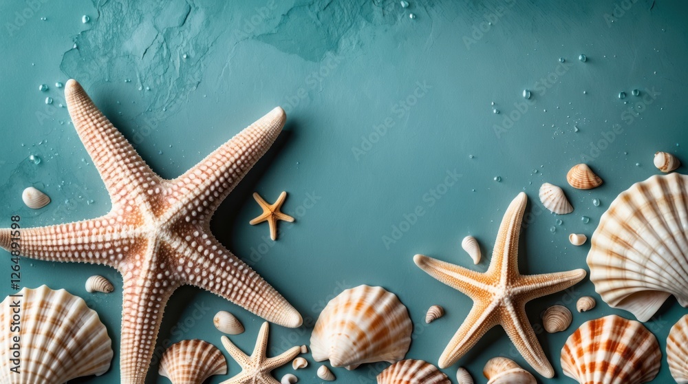 Poster Seashells and starfish arrangement on a textured blue background with Copy Space for text insertion