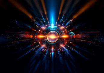 Obraz premium Radiant orb emits blue and orange light beams on dark background. Abstract digital rendering with vibrant and futuristic energy core.