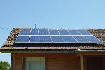 Fototapeta premium A solar panel is on a roof. The sun is setting in the background. The sky is a mix of blue and orange