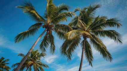 Obraz premium Lush palm trees against a bright blue sky with wispy clouds providing a tropical ambiance and natural beauty Copy Space