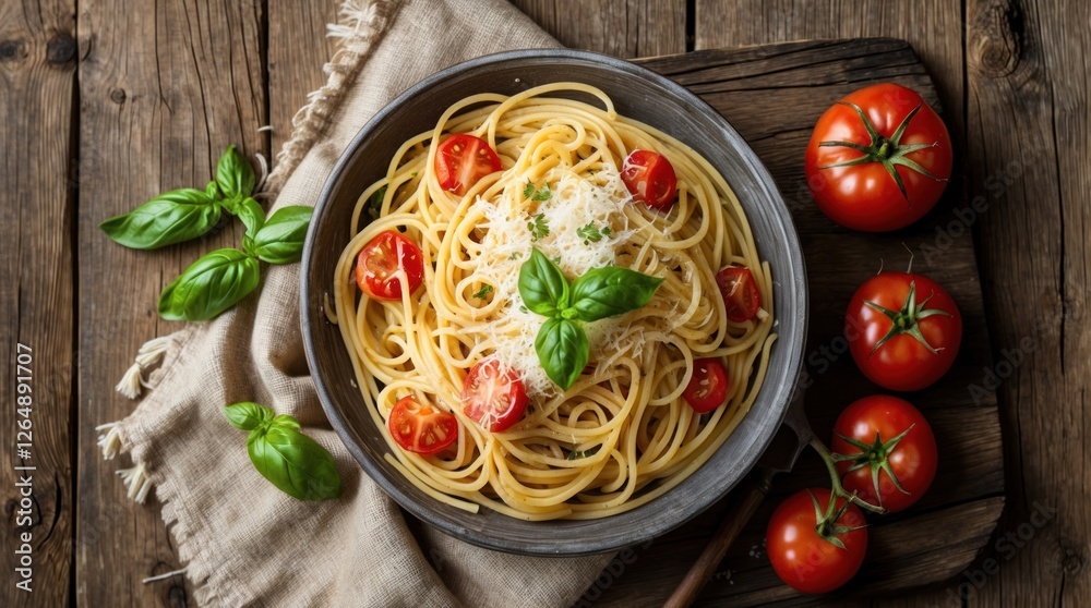 Poster delicious spaghetti pasta with cherry tomatoes and basil on wooden table with burlap and fresh tomat