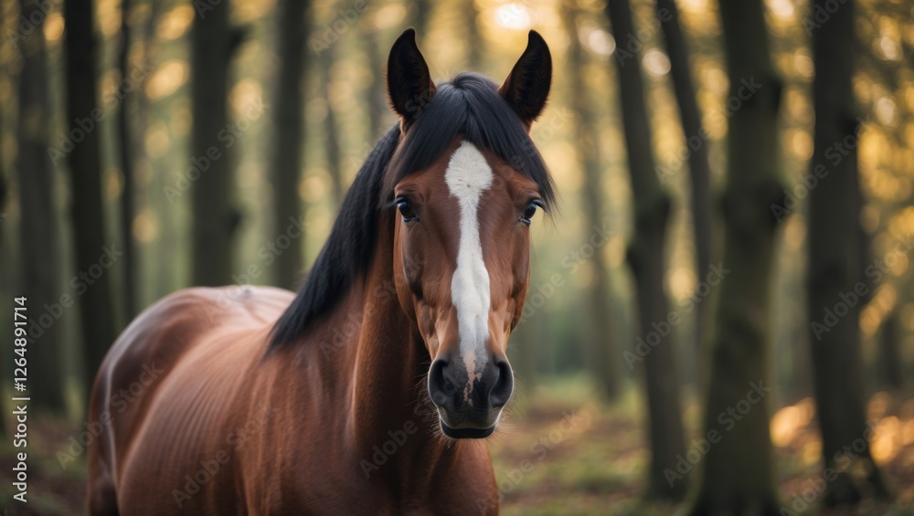 Poster Brown horse standing in a forest during golden hour with trees in the background and soft lighting Copy Space