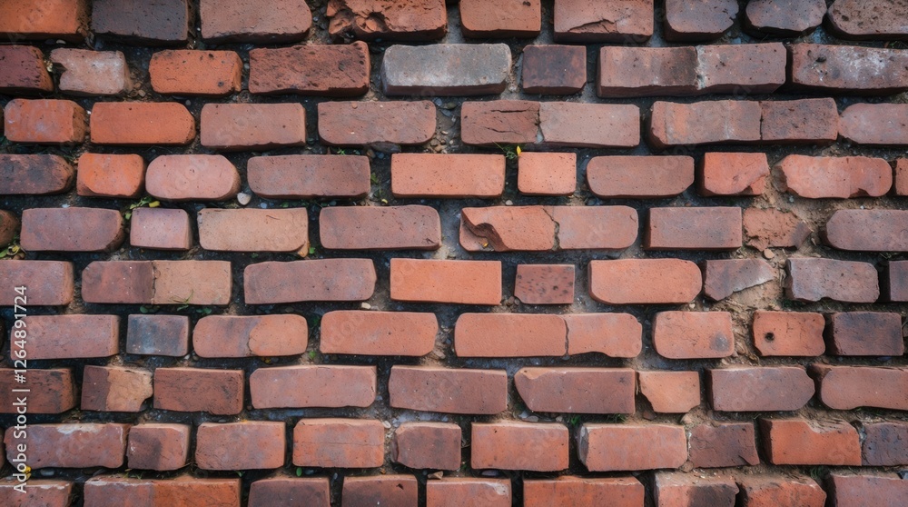 Poster textured red brick wall surface with varying shades and patterns, ideal for background usage, copy s