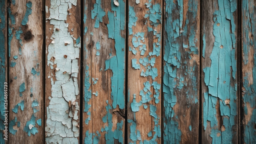 Poster weathered wooden planks with peeling turquoise and brown paint texture background with copy space fo