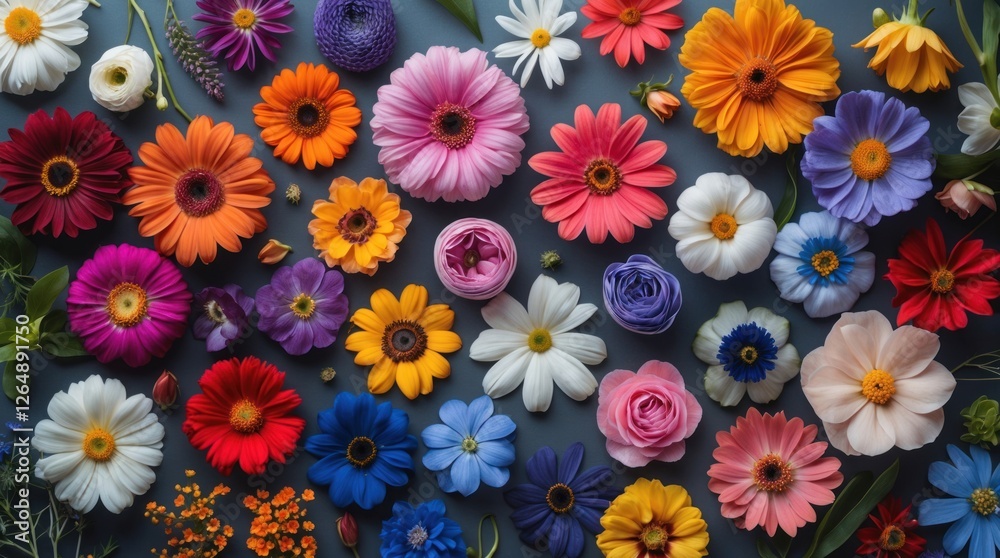 Aufkleber colorful assortment of various flowers arranged on a dark background with ample copy space for text 