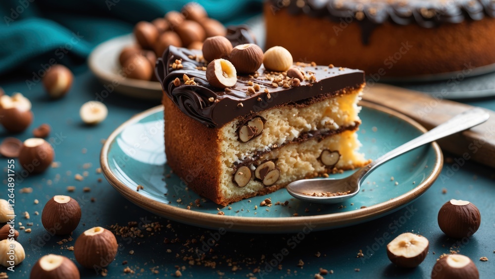 Poster brown butter hazelnut cake slice with chocolate ganache topped with hazelnuts on a blue plate with n