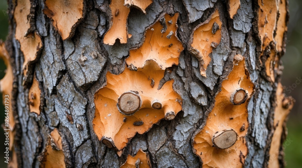 Poster Textured bark of a pine tree displaying orange and grey patterns with round knots and detailed surface, perfect for natural backgrounds, Copy Space