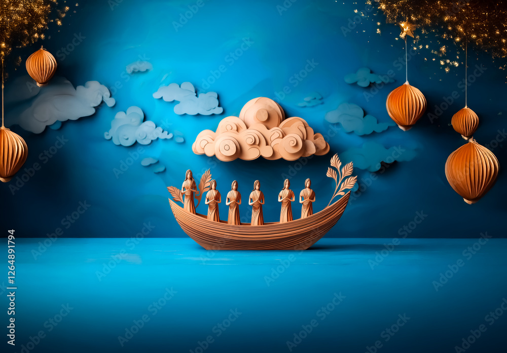 Poster a stylized boat rests on a blue surface beneath fluffy clouds and hanging spherical lanterns. decora