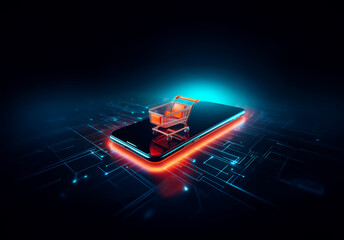 A glowing shopping cart rests atop a sleek smartphone, illuminated with vibrant neon outlines against a dark backdrop, symbolizing modern digital commerce.