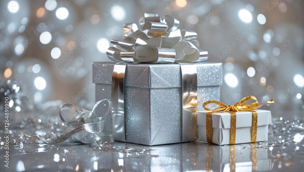 Poster silvery wrapped gift boxes with metallic ribbons on reflective surface with blurred bokeh lights in 
