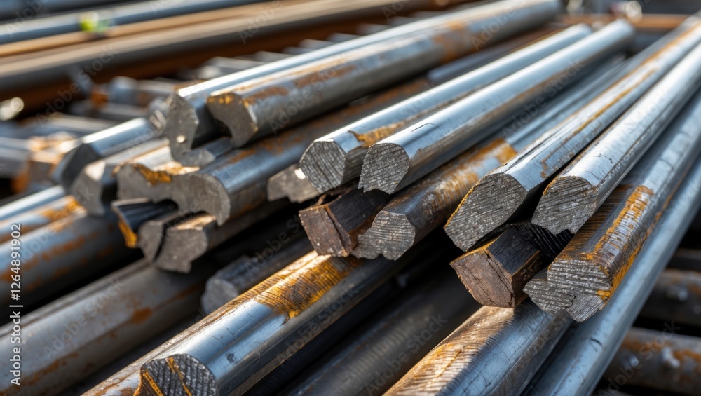 Poster Stacked steel bars with hexagonal and rectangular shapes showing surface texture and oxidation under natural light, industrial background with Copy Space