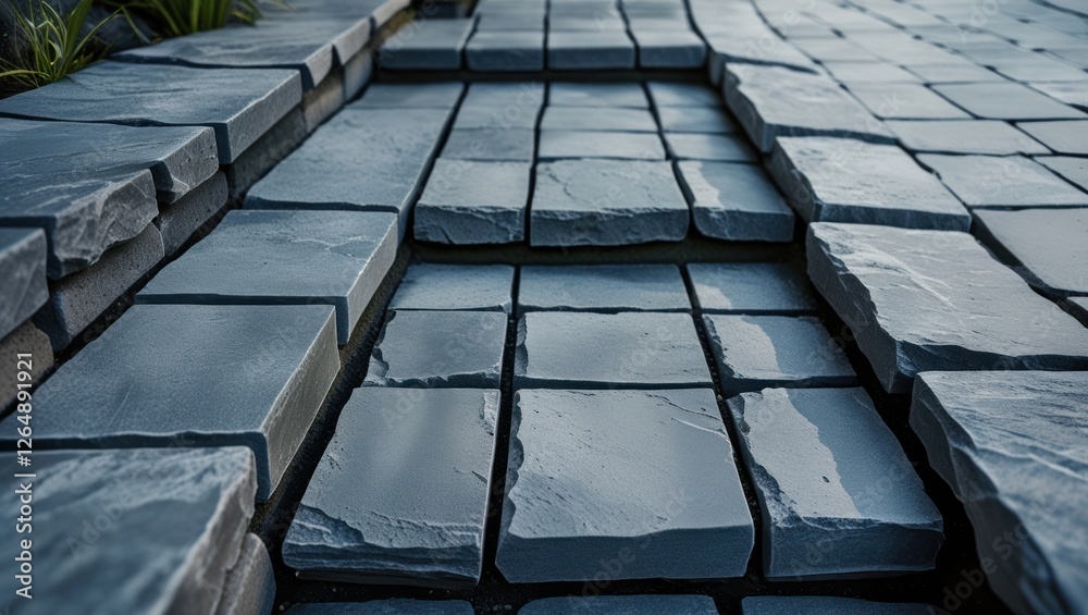 Poster detailed view of textured stone pathway in a garden or outdoor setting with visible joints between l